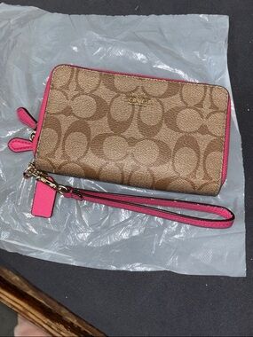 Coach Brown/Pink Canvas Double Zip Phone Wallet